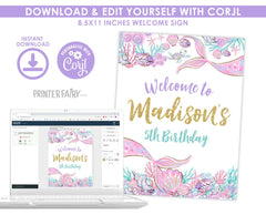 Mermaid Party Welcome Sign Editable Template (Digital Instant Download)