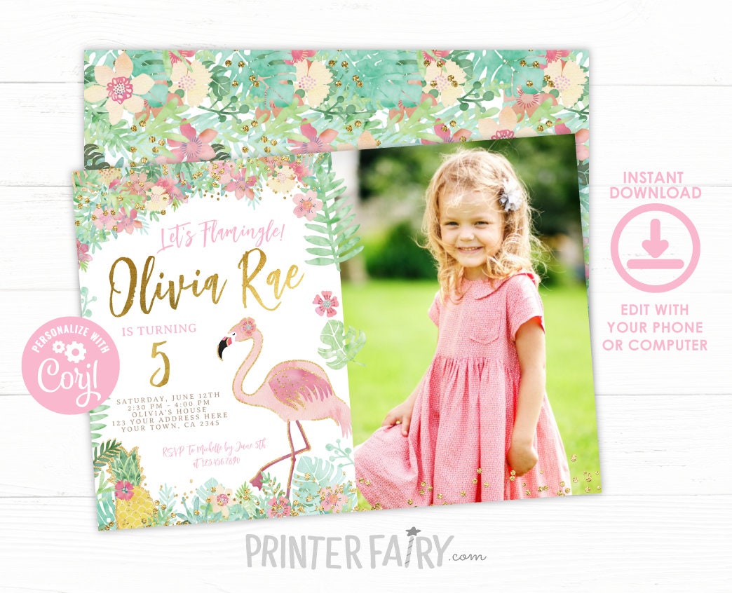 Flamingo Photo Birthday Invitation, Editable Tropical Party (Digital Download)