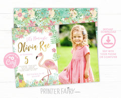 Flamingo Photo Birthday Invitation, Editable Tropical Party (Digital Download)