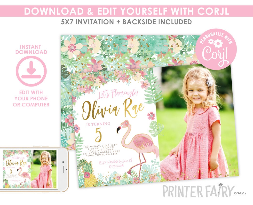Flamingo Photo Birthday Invitation, Editable Tropical Party (Digital Download)