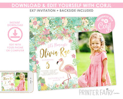 Flamingo Photo Birthday Invitation, Editable Tropical Party (Digital Download)