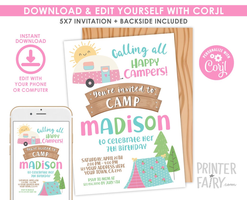 Camping Birthday Invitation Editable Template, Happy Camper Party, Instant Download