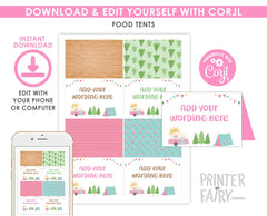 Camping Food Tents Editable Templates, Summer Camp Birthday Party Place Cards, Instant Download