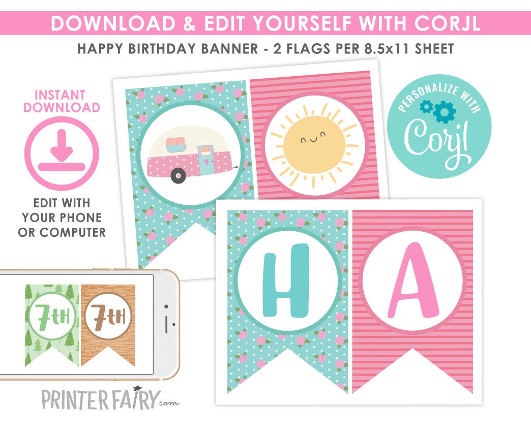 Camping Birthday Banner, Editable Happy Camper Decorations (Digital Download)