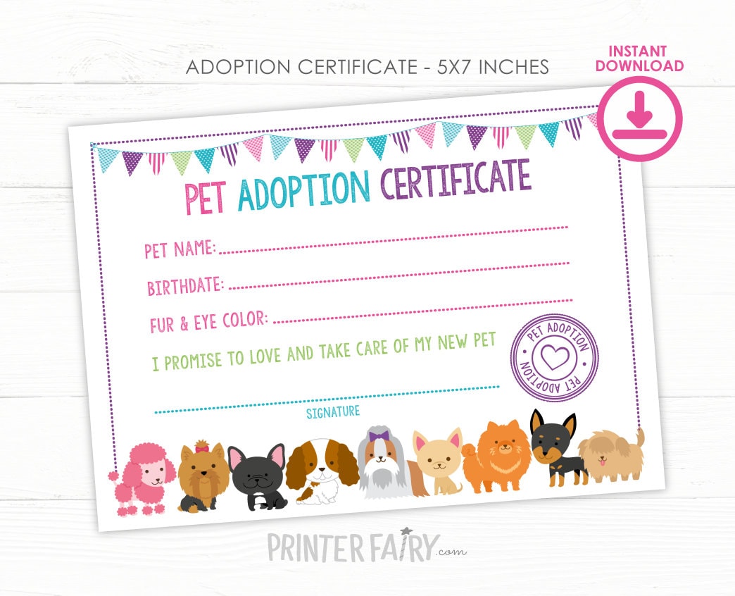Printable Pet Adoption Certificate, Puppy Birthday Party (Instant Download)