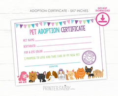 Printable Pet Adoption Certificate, Puppy Birthday Party (Instant Download)