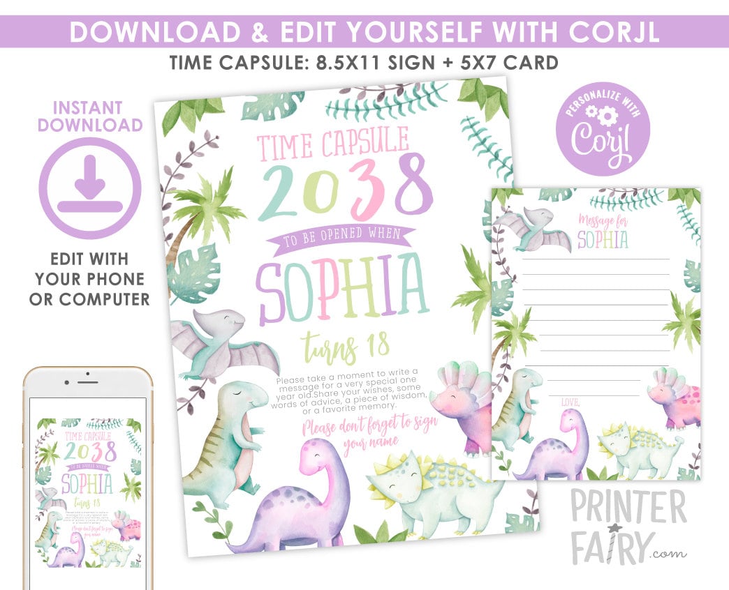 Dinosaur Birthday Time Capsule Sign, EDITABLE (Digital Download)