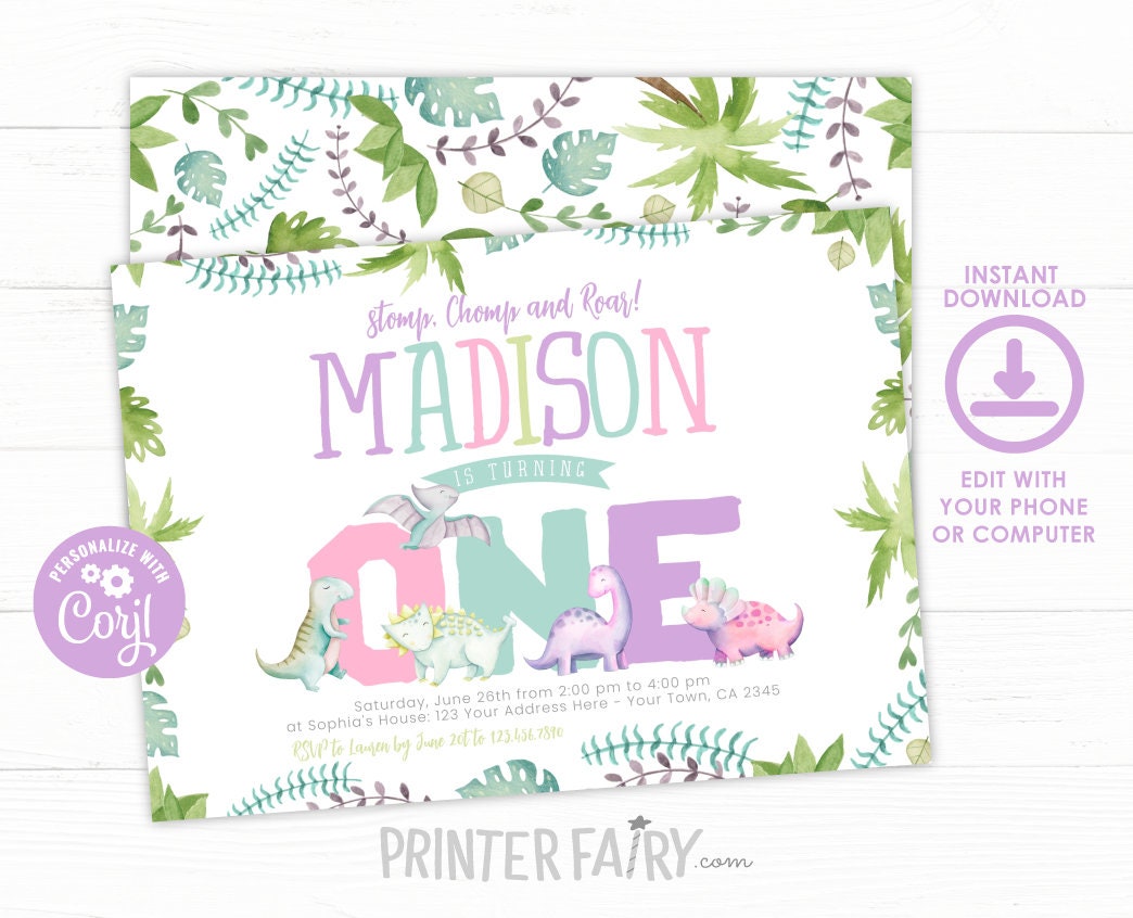 Dinosaur Girl First Birthday Invitation, Stomp Chomp Roar (INSTANT DOWNLOAD)