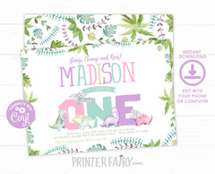 Dinosaur Girl First Birthday Invitation, Stomp Chomp Roar (INSTANT DOWNLOAD)