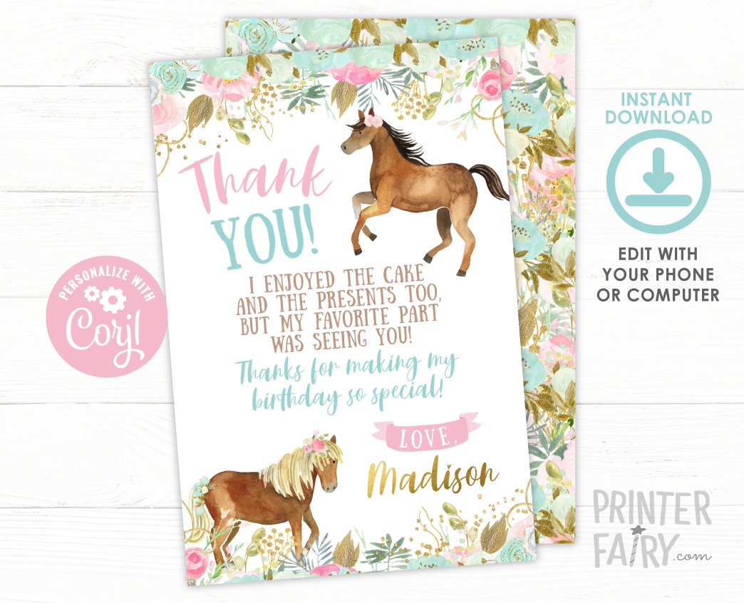 Floral Horse Thank You Cards, Girl Birthday (EDITABLE, INSTANT DOWNLOAD)