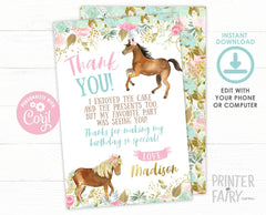 Floral Horse Thank You Cards, Girl Birthday (EDITABLE, INSTANT DOWNLOAD)