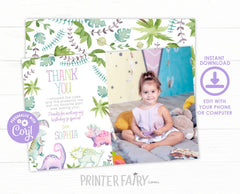 Dinosaur Photo Thank You Cards, Girl Birthday (INSTANT DOWNLOAD)