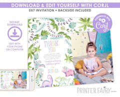 Dinosaur Photo Thank You Cards, Girl Birthday (INSTANT DOWNLOAD)
