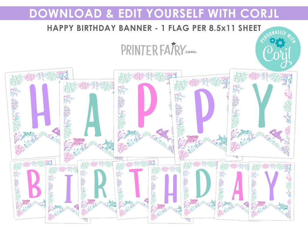 Shark Birthday Banner, Under the Sea Party Decorations (Editable Download)