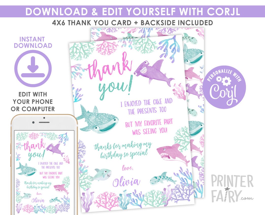 Shark Girl Birthday Thank You Cards, Under the Sea (INSTANT DOWNLOAD)