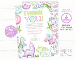 Donuts and Dinos Thank You Card, Girl Birthday (EDITABLE, Instant Download)