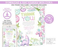 Donuts and Dinos Thank You Card, Girl Birthday (EDITABLE, Instant Download)