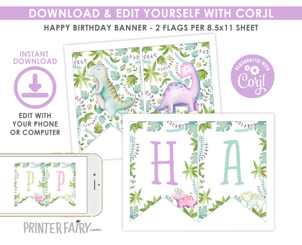 Dinosaur Girl Birthday Banner, Editable Party Decor (Instant Download)