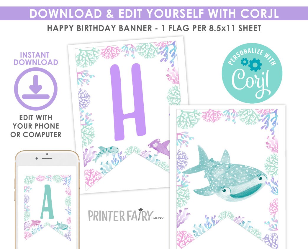 Shark Birthday Banner, Under the Sea Party Decorations (Editable Download)