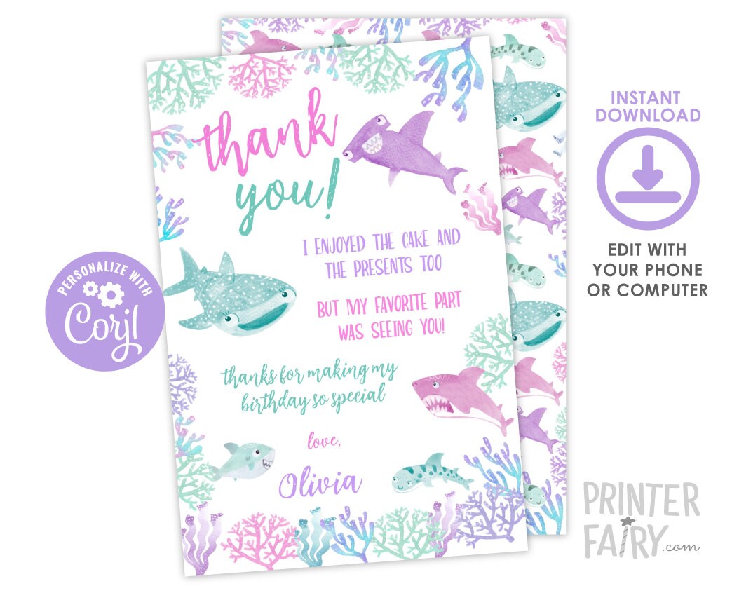 Shark Girl Birthday Thank You Cards, Under the Sea (INSTANT DOWNLOAD)