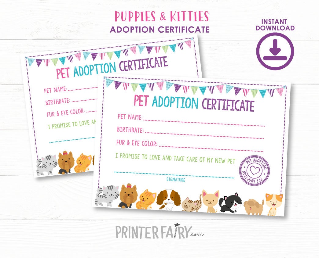 Puppy Kitty Adoption Certificate, Birthday Party Printable (Instant Download)