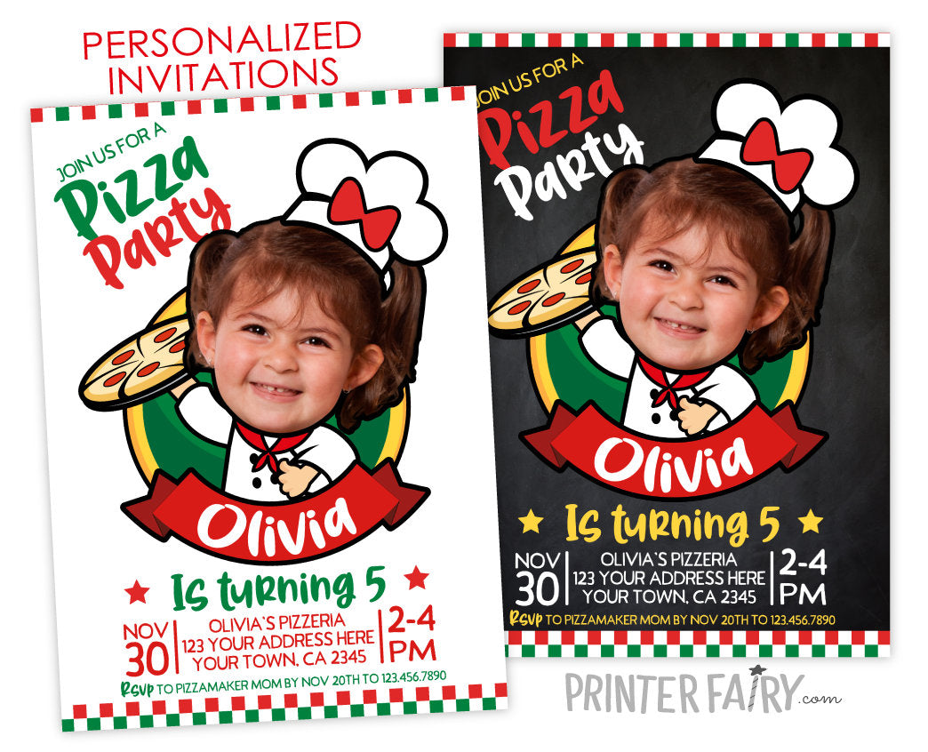 Personalized Pizza Party Invitation, Girl Birthday, Chef Theme (Digital)
