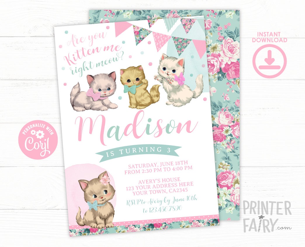 Vintage Floral Kitty Cat Birthday Invitation, Editable Digital Invite