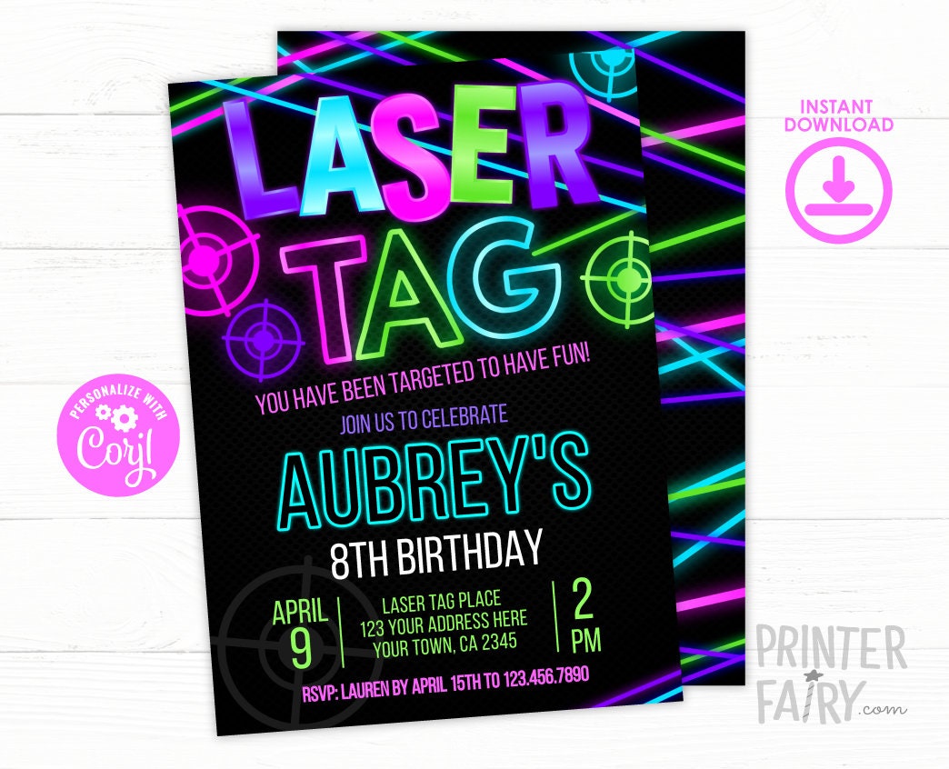Laser Tag Girl Birthday Invitation Editable Template, Instant Download