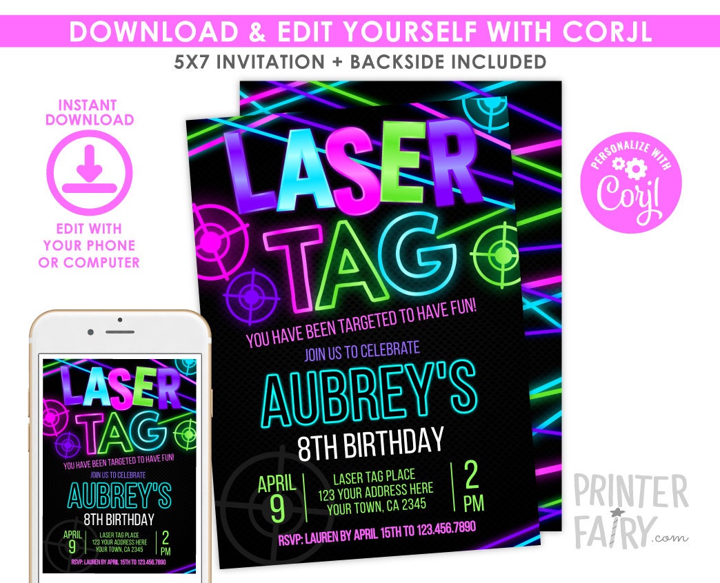 Laser Tag Girl Birthday Invitation Editable Template, Instant Download