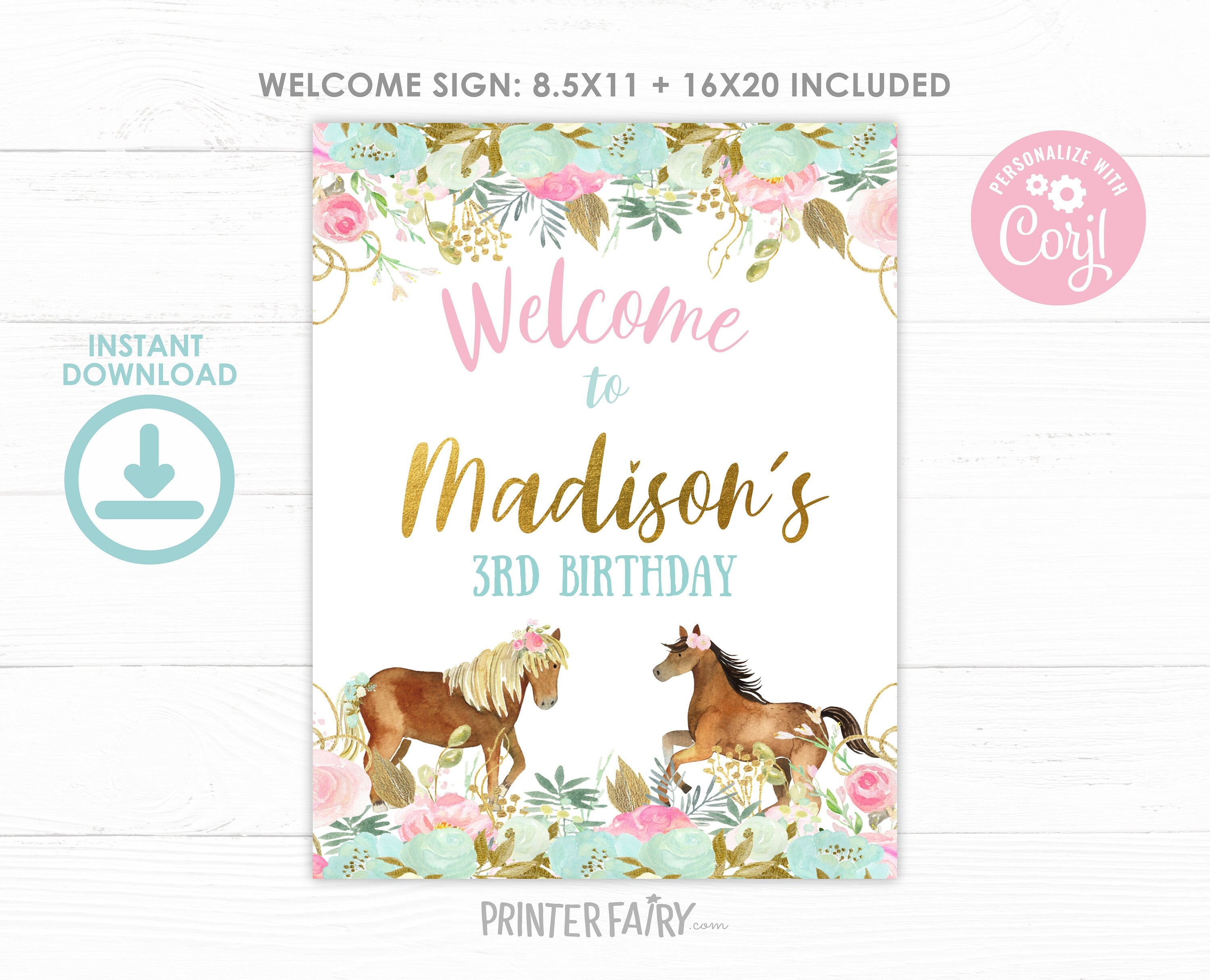 Floral Horse Birthday Welcome Sign, Editable Pony Party Decor (Digital Download)