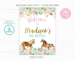 Floral Horse Birthday Welcome Sign, Editable Pony Party Decor (Digital Download)