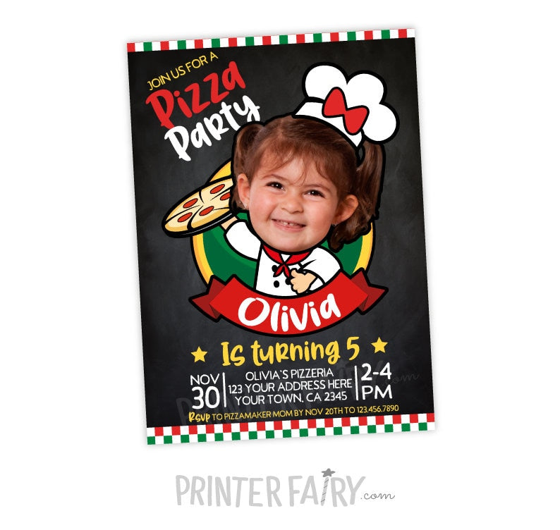 Personalized Pizza Party Invitation, Girl Birthday, Chef Theme (Digital)