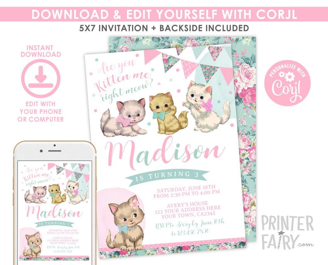 Vintage Floral Kitty Cat Birthday Invitation, Editable Digital Invite