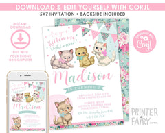 Vintage Floral Kitty Cat Birthday Invitation, Editable Digital Invite