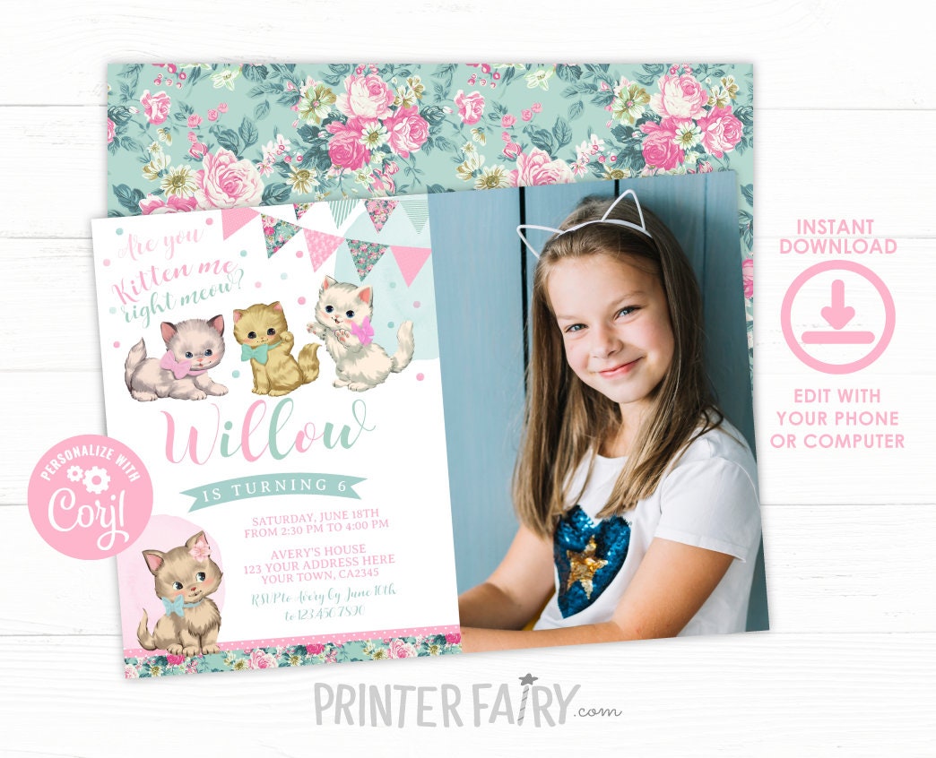 Vintage Floral Kitty Cat Birthday Invitation, Photo Template (Instant Download)