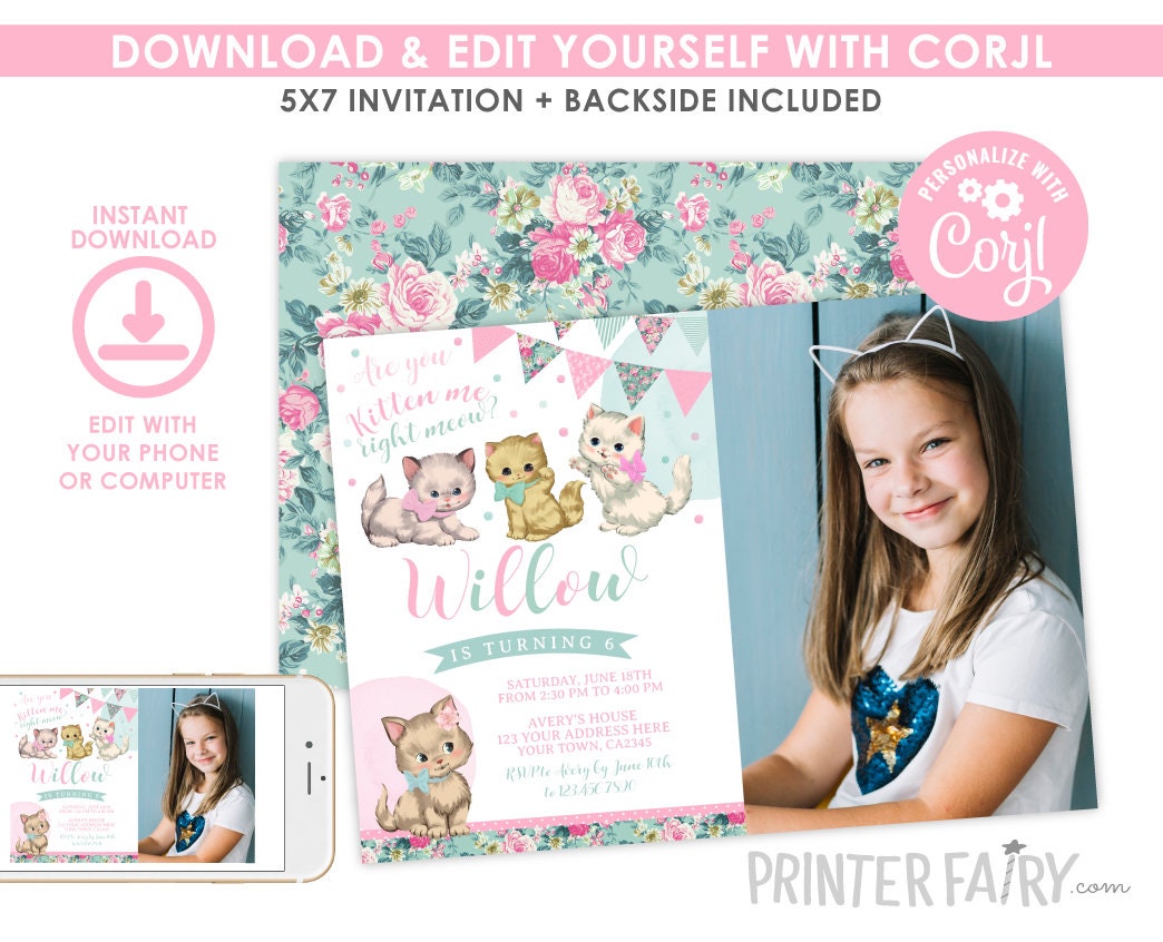 Vintage Floral Kitty Cat Birthday Invitation, Photo Template (Instant Download)