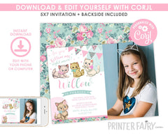 Vintage Floral Kitty Cat Birthday Invitation, Photo Template (Instant Download)