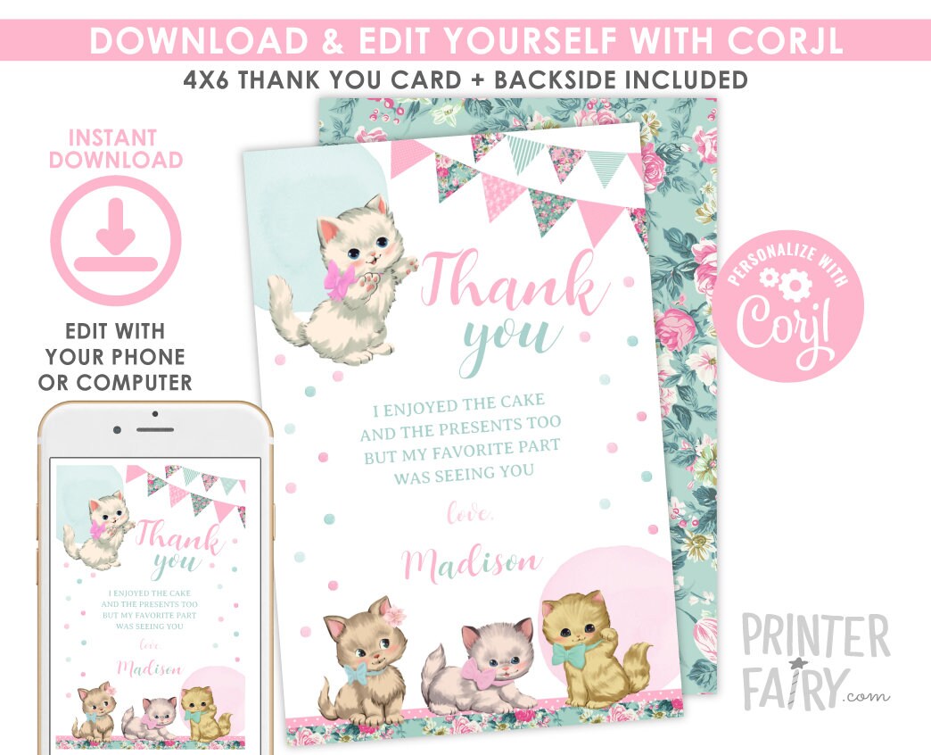 Vintage Floral Kitty Cat Thank You Cards, EDITABLE (Digital Invite)