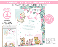 Vintage Floral Kitty Cat Thank You Cards, EDITABLE (Digital Invite)