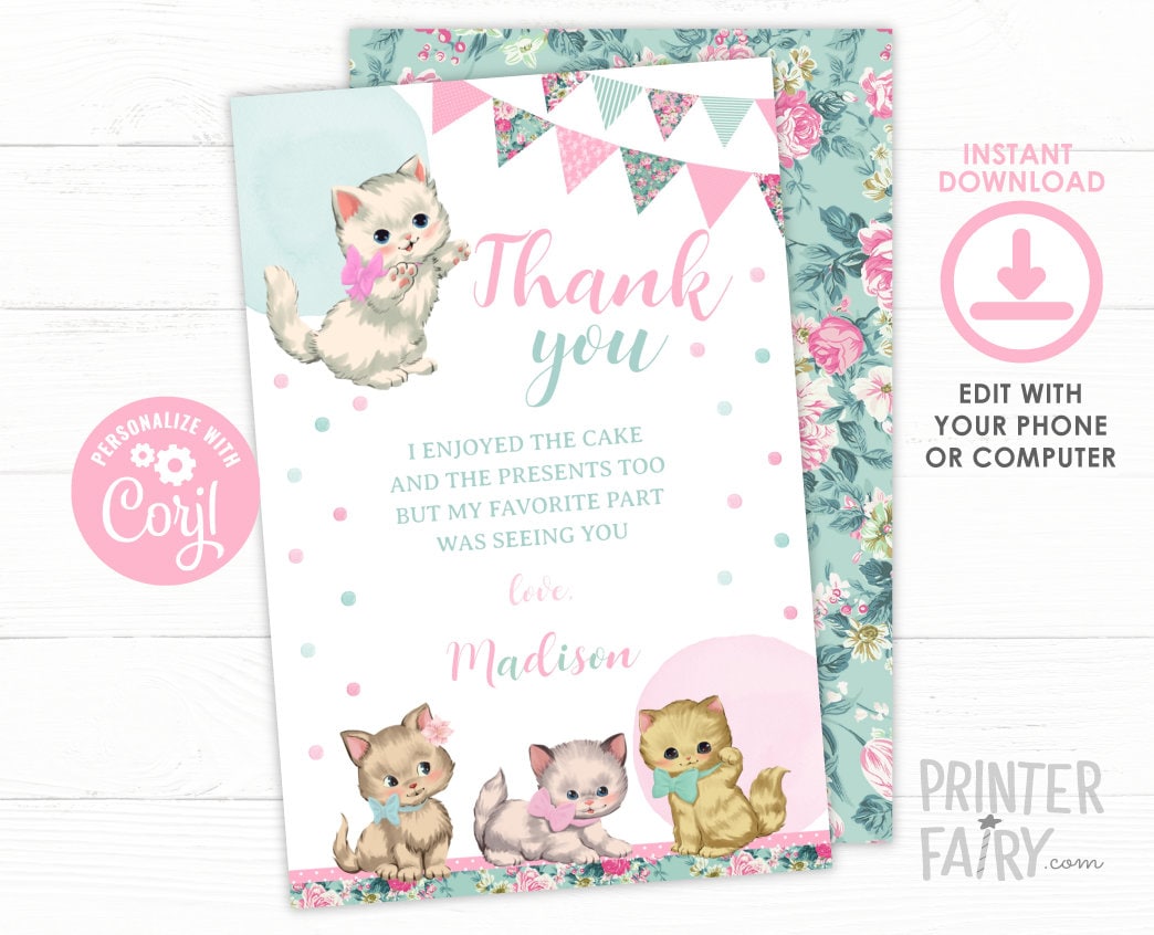 Vintage Floral Kitty Cat Thank You Cards, EDITABLE (Digital Invite)