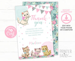 Vintage Floral Kitty Cat Thank You Cards, EDITABLE (Digital Invite)