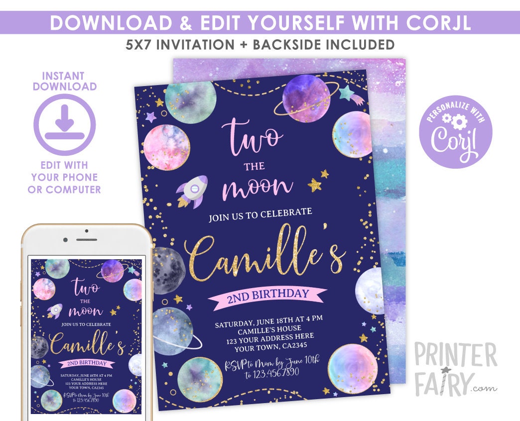 Two the Moon Invitation, Space 2nd Birthday, EDITABLE (Digital Invite)
