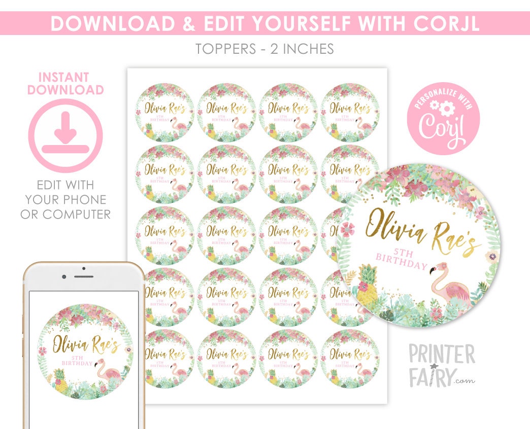 Flamingo Toppers EDITABLE Printable Stickers, Tropical Summer Party, INSTANT DOWNLOAD