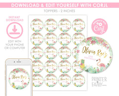 Flamingo Toppers EDITABLE Printable Stickers, Tropical Summer Party, INSTANT DOWNLOAD