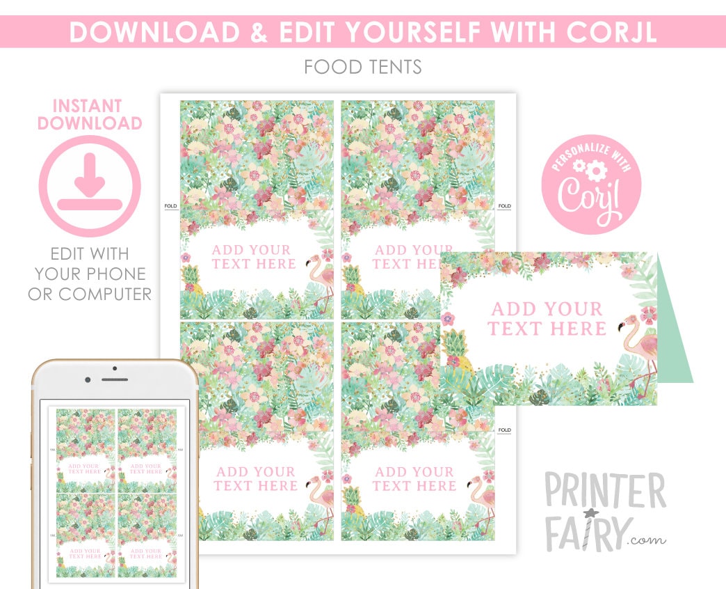 Flamingo Tropical Party Food Tent Cards Printable Editable Instant Download