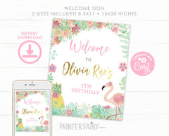 Flamingo Birthday Welcome Sign, Tropical Party Decor (Instant Download)