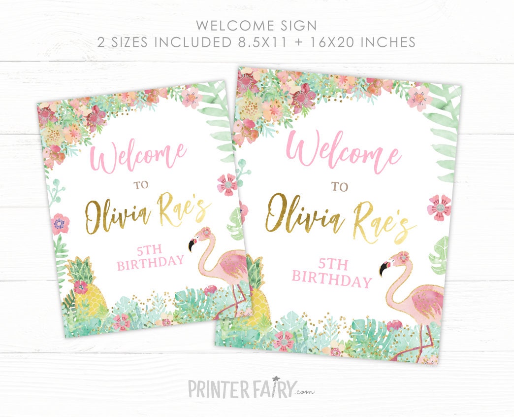 Flamingo Birthday Welcome Sign, Tropical Party Decor (Instant Download)