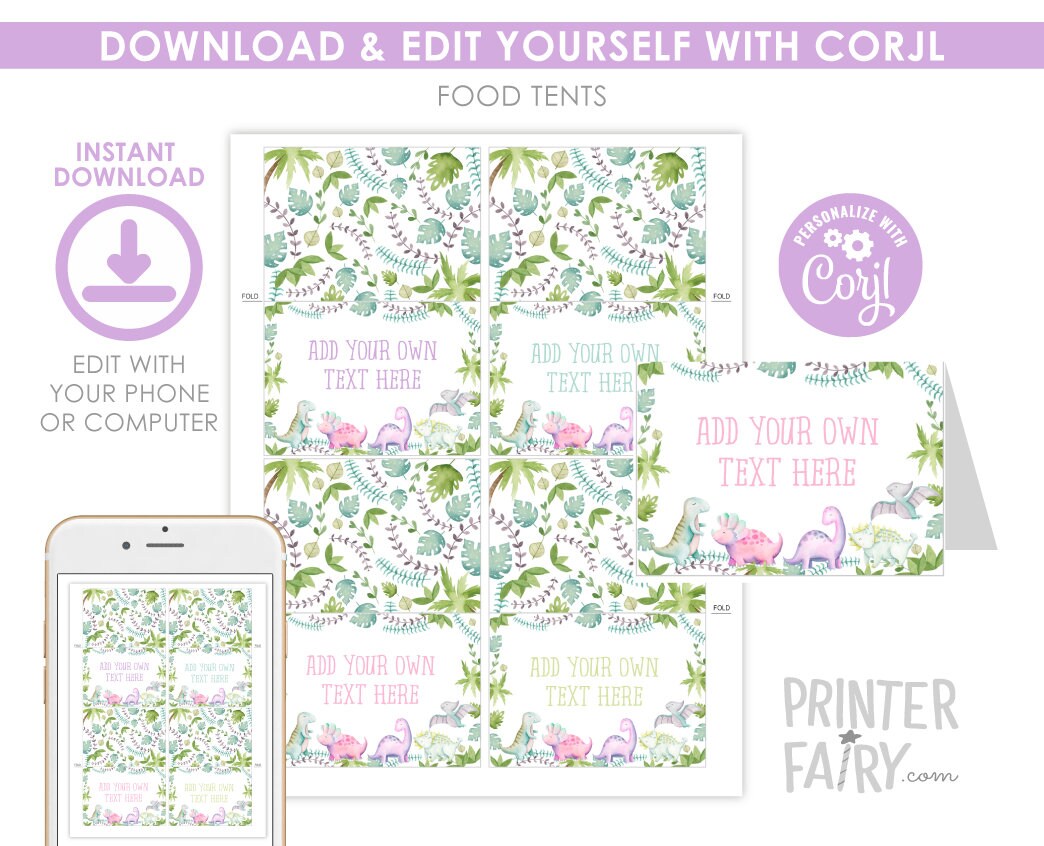 Dinosaur Party Food Tent Cards Printable Editable Template, Instant Download