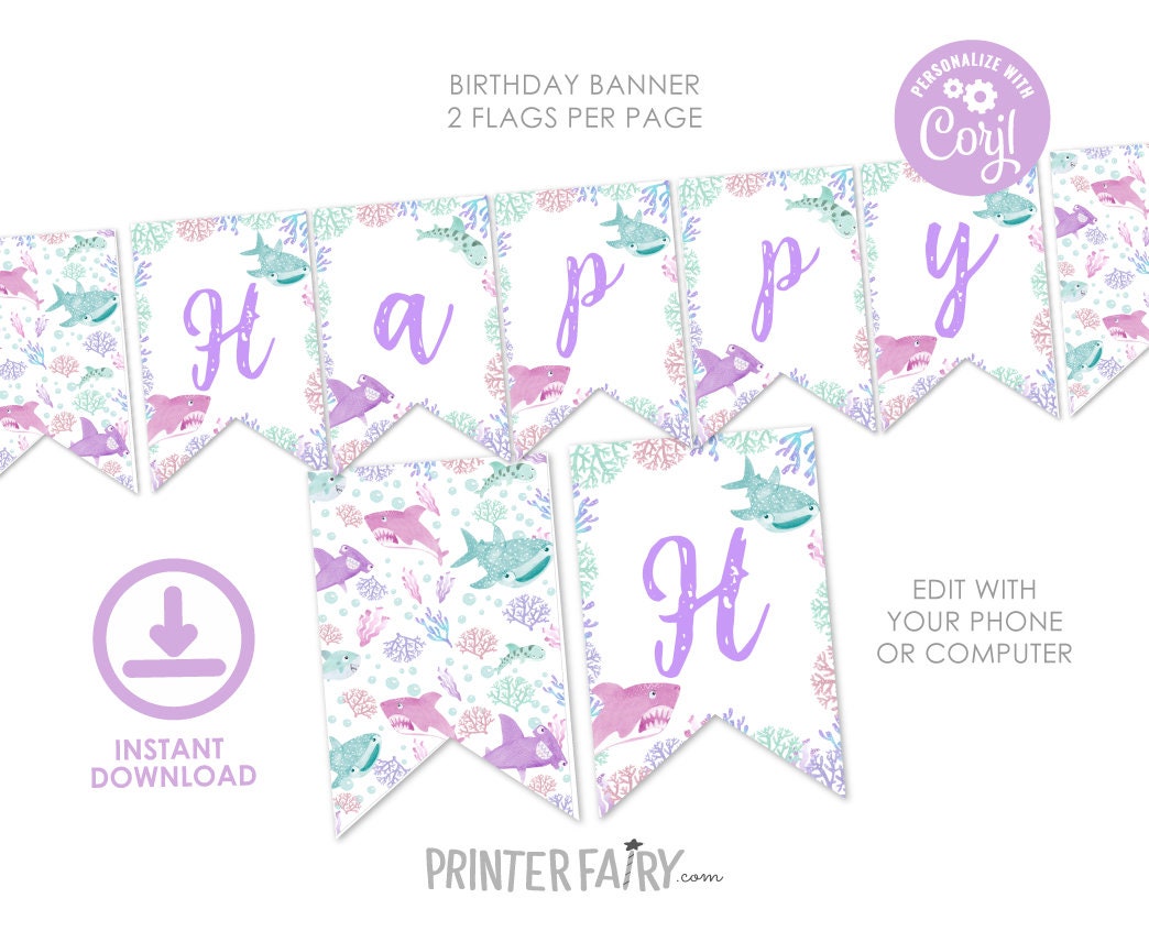 Shark Birthday Party Printable Banner Editable Template, Instant Download