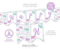 Shark Birthday Party Printable Banner Editable Template, Instant Download